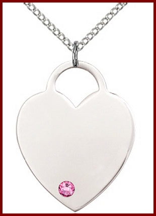 1" Sterling Silver Heart, Your Choice of 3mm Swarovski Birthstone (Rose Displayed), your choice of chain, # 48374