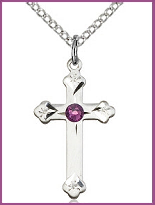 3/4" Sterling Silver Cross, Your Choice of 3mm Swarovski Birthstone (Amethyst Displayed), your choice of chain, # 48378