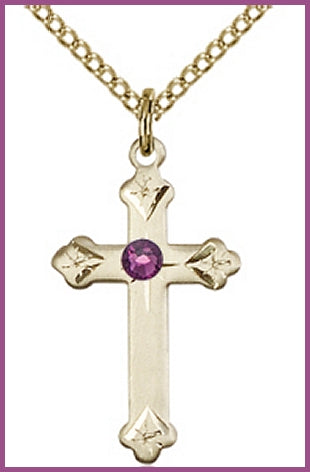 3/4" 14kt Gold Filled, Cross, Your Choice of 3mm Swarovski Birthstone (Amethyst Displayed), your choice of chain, # 48379