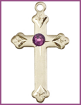3/4" Solid 14kt Gold Cross, Your Choice of 3mm Swarovski Birthstone (Amethyst Displayed), Free Chain, # 48380