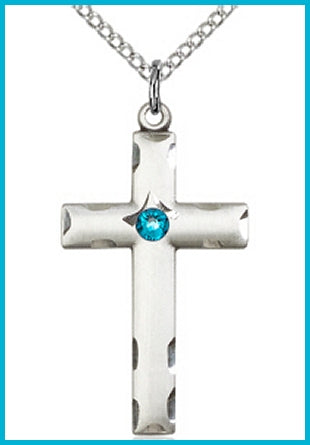 1-1/8" Sterling Silver Cross, Your Choice of 3mm Swarovski Birthstone (Zircon Displayed), your choice of chain, # 48382