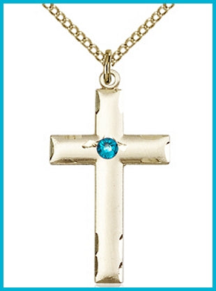 1-1/8" 14kt Gold Filled, Cross, Your Choice of 3mm Swarovski Birthstone (Zircon Displayed), your choice of chain, # 48383