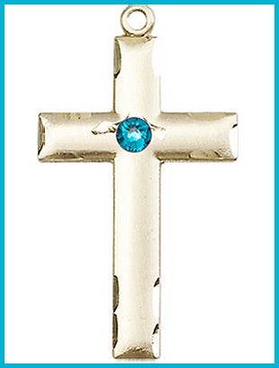 1-1/8" Solid 18kt Gold Cross, Your Choice of 3mm Swarovski Birthstone (Zircon Displayed), Free Chain, # 48385