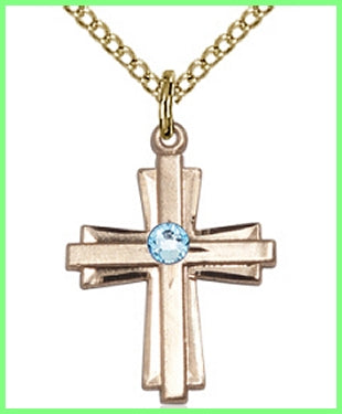 3/4" 14kt Gold Filled, Cross, Your Choice of 3mm Swarovski Birthstone (Aqua Displayed), your choice of chain, # 48387