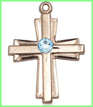 3/4" Solid 14kt Gold Cross, Your Choice of 3mm Swarovski Birthstone (Aqua Displayed), Free Chain, # 48388