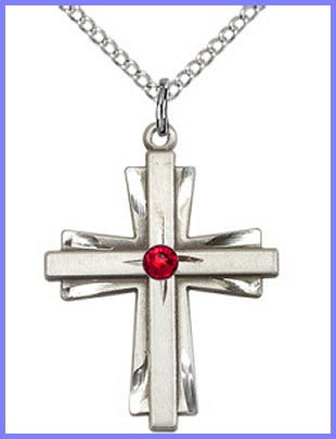 1" Sterling Silver Cross, Your Choice of 3mm Swarovski Birthstone (Ruby Displayed), your choice of chain, # 48390