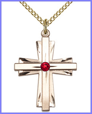 1" 14kt Gold Filled, Cross, Your Choice of 3mm Swarovski Birthstone (Ruby Displayed), your choice of chain, # 48391