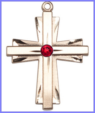 1" Solid 14kt Gold Cross, Your Choice of 3mm Swarovski Birthstone (Ruby Displayed), Free Chain, # 48392