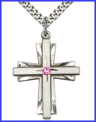 1-1/4" Sterling Silver Cross, Your Choice of 3mm Swarovski Birthstone (Rose Displayed), your choice of chain, # 48394
