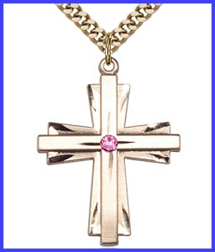 1-1/4" 14kt Gold Filled, Cross, Your Choice of 3mm Swarovski Birthstone (Rose Displayed), your choice of chain, # 48395