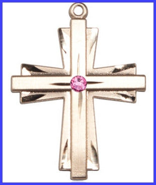 1-1/4" Solid 18kt Gold Cross, Your Choice of 3mm Swarovski Birthstone (Rose Displayed), Free Chain, # 48397