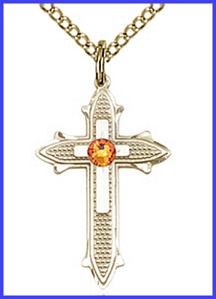 7/8" 14kt Gold Filled Cross, Your Choice of 3mm Swarovski Birthstone (Topaz Displayed), your choice of chain, # 48399