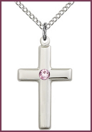 7/8" Sterling Silver Cross, Your Choice of 3mm Swarovski Birthstone (Light Amethyst Displayed), your choice of chain, # 48407