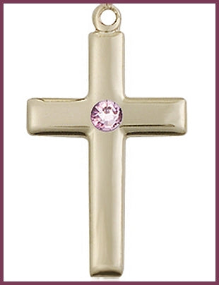 7/8" Solid 14kt Gold Cross, Your Choice of 3mm Swarovski Birthstone (Light Amethyst Displayed), Free Chain, # 48409