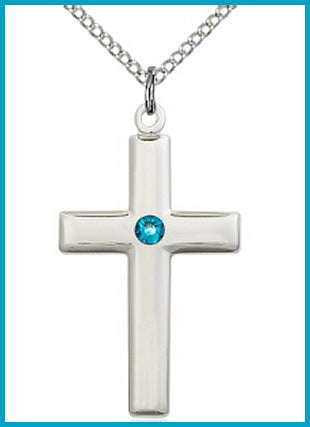 1-1/8" Sterling Silver Cross, Your Choice of 3mm Swarovski Birthstone (Zircon Displayed), your choice of chain, # 48411