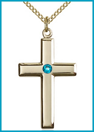 1-1/8" 14kt Gold Filled Cross, Your Choice of 3mm Swarovski Birthstone (Zircon Displayed), your choice of chain, # 48412