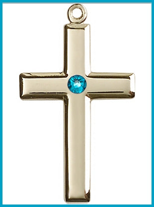 1-1/8" Solid 14kt Gold Cross, Your Choice of 3mm Swarovski Birthstone (Zircon Displayed), Free Chain, # 48413