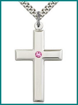 1-3/8" Sterling Silver Cross, Your Choice of 3mm Swarovski Birthstone (Rose Displayed), your choice of chain, # 48415