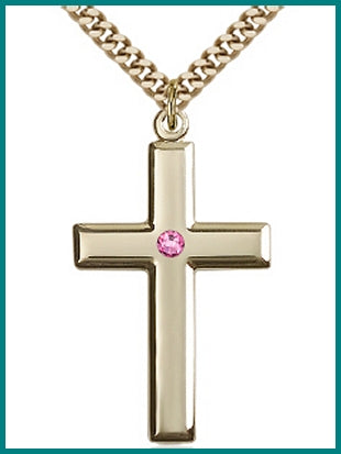 1-3/8" 14kt Gold Filled Cross, Your Choice of 3mm Swarovski Birthstone (Rose Displayed), your choice of chain, # 48416