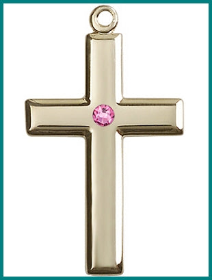 1-3/8" Solid 14kt Gold Cross, Your Choice of 3mm Swarovski Birthstone (Rose Displayed), Free Chain, # 48417