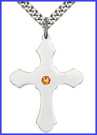 1-1/4" Sterling Silver Cross, Your Choice of 3mm Swarovski Birthstone (Topaz Displayed), your choice of chain, # 48419