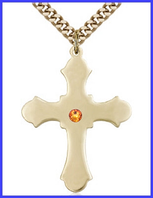 1-1/4" 14kt Gold Filled Cross, Your Choice of 3mm Swarovski Birthstone (Topaz Displayed), your choice of chain, # 48420