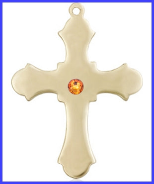1-1/4" Solid 14kt Gold Cross, Your Choice of 3mm Swarovski Birthstone (Topaz Displayed), Free Chain, # 48421