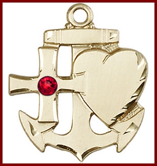 7/8" Solid 18kt Gold Cross, Heart, Anchor, Your Choice of 3mm Swarovski Birthstone (Ruby Displayed), Free Chain, # 48426