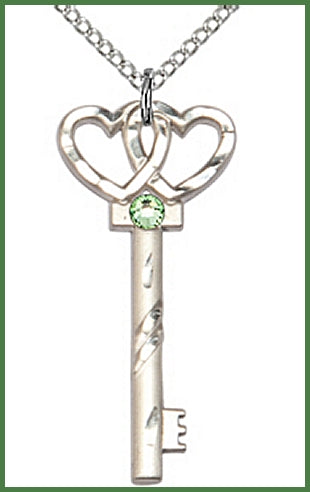 1-1/4" Sterling Silver Heart Key, Your Choice of 3mm Swarovski Birthstone (Peridot Displayed), your choice of chain, # 48431