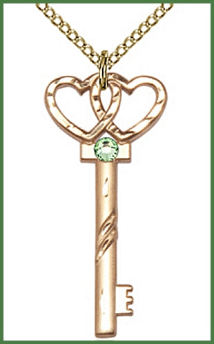 1-1/4" 14kt Gold Filled Heart Key, Your Choice of 3mm Swarovski Birthstone (Peridot Displayed), your choice of chain, # 48432
