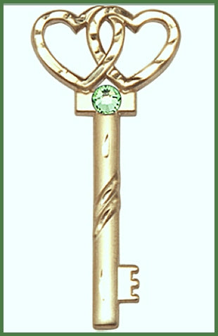 1-1/4" Solid 14kt Gold Heart Key, Your Choice of 3mm Swarovski Birthstone (Peridot Displayed), Free Chain, # 48433