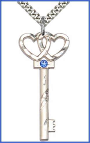 1-5/8" Sterling Silver Heart Key, Your Choice of 3mm Swarovski Birthstone (Sapphire Displayed), your choice of chain, # 48435