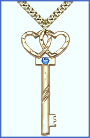 1-5/8" 14kt Gold Filled Heart Key, Your Choice of 3mm Swarovski Birthstone (Sapphire Displayed), your choice of chain, # 48436