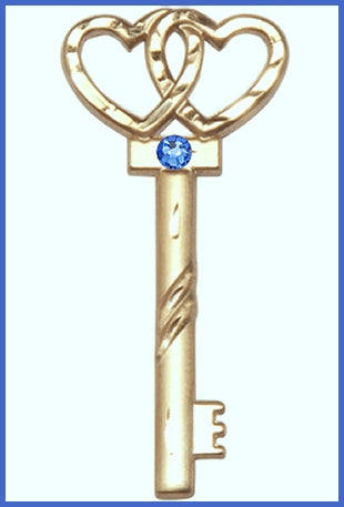 1-5/8" Solid 18kt Gold Heart Key, Your Choice of 3mm Swarovski Birthstone (Sapphire Displayed), Free Chain, # 48438