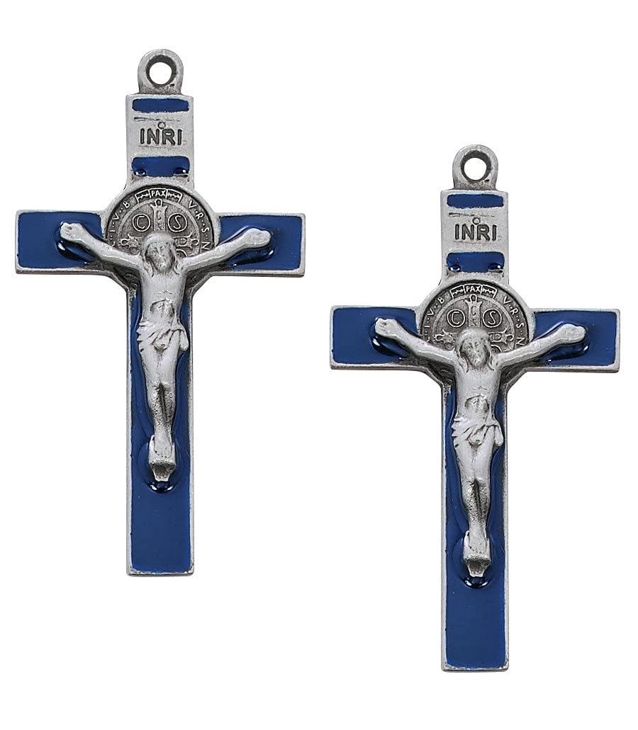 St. Benedict Crucifix in Hand Engraved Fine Pewter with Blue Enamel, 24" Chain, 2-Count Value Pack # 21531