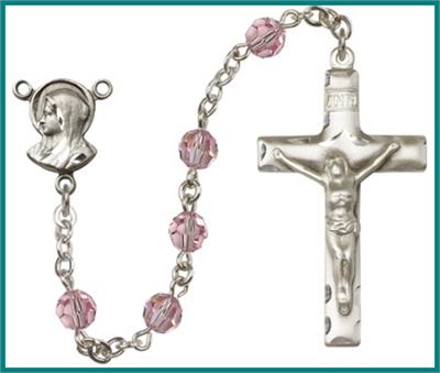 Silver Plate 6mm Swarovski Bead Rosary, Light Rose, # 48596
