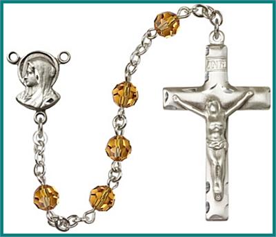 Silver Plate 6mm Swarovski Bead Rosary, Topaz, # 48597