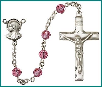 Silver Plate 6mm Swarovski Bead Rosary, Rose, # 48599