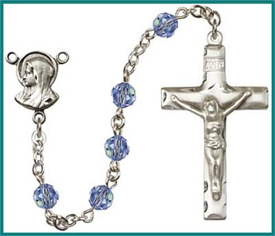 Silver Plate 6mm Swarovski Bead Rosary, Light Sapphire, # 48605