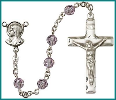 Silver Plate 6mm Swarovski Bead Rosary, Light Amethyst, # 48606