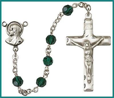 Silver Plate 6mm Swarovski Bead Rosary, Emerald, # 48608