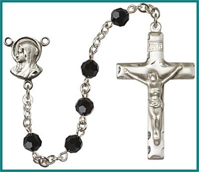 Silver Plate 6mm Swarovski Bead Rosary, Jet, # 48613