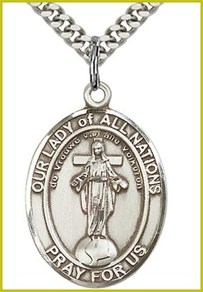 Our Lady of All Nations Medal, Sterling Silver, 1"x3/4", your choice of chain, # 48734