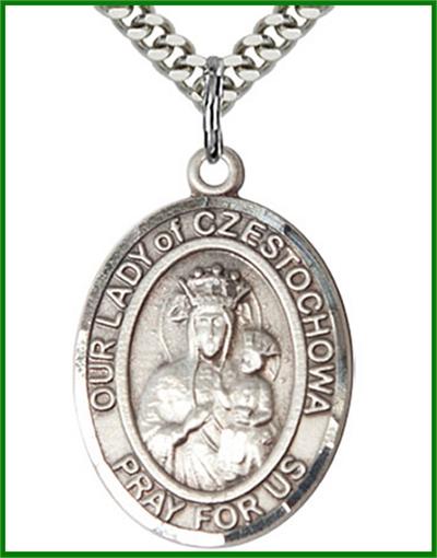 Our Lady of Czestochowa Medal, Sterling Silver, 1"x3/4", your choice of chain, # 48746