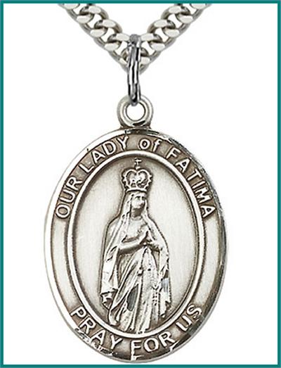Our Lady of Fatima Medal, Sterling Silver, 1"x3/4", your choice of chain, # 48750