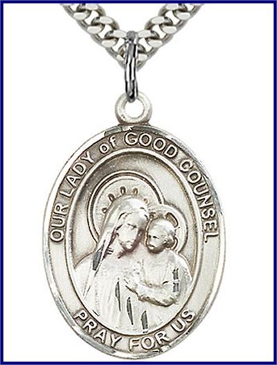 Our Lady of Good Counsel Medal, Sterling Silver, 1"x3/4", your choice of chain, # 48754