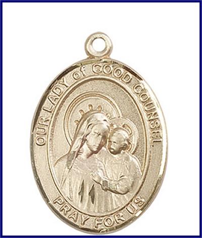 Our Lady of Good Counsel Medal, Solid 14kt Gold, 1"x3/4", Free Chain, # 48756