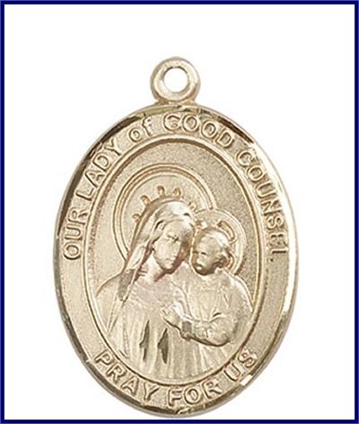 Our Lady of Good Counsel Medal, Solid 18kt Gold, 1"x3/4", Free Chain, # 48757