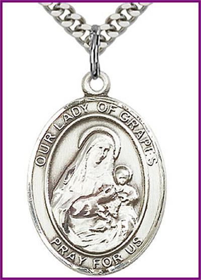 Our Lady of Grapes Medal, Sterling Silver, 1"x3/4", your choice of chain, # 48759