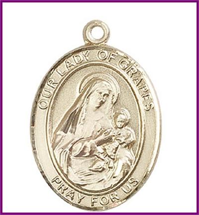 Our Lady of Grapes Medal, Solid 14kt Gold, 1"x3/4", Free Chain, # 48761